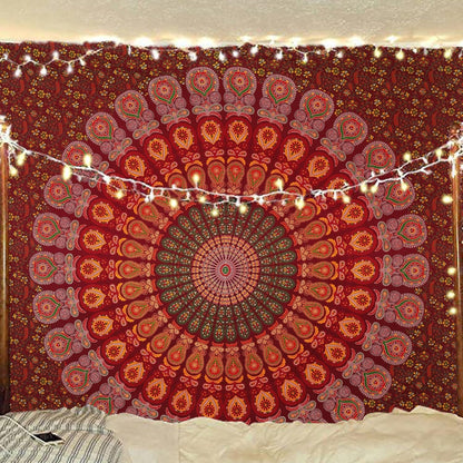 Bless International Handmade Indian hippie Bohemian Psychedelic Peacock Mandala Wall hanging College Dorm Beach Throws Table Cloth Bedding Tapestry (Maroon Yellow, Queen(84x90Inches)(215x230Cms))