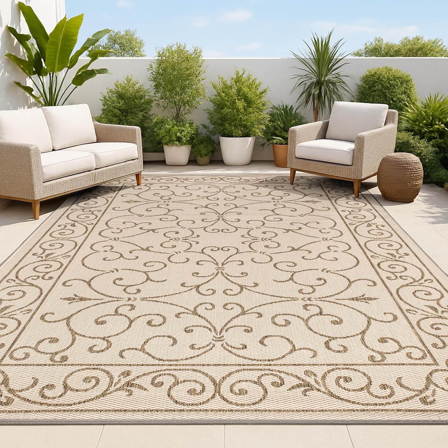 JONATHAN Y Vintage Filigree Indoor Outdoor Area Rug 4X6 Beige/Brown, Charleston Textured Weave for