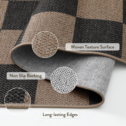 Lahome Checkered Easy Jute Living Room Rugs, 5x7 Black Dining Room Office Rug Farmhouse Washable Carpet, Checkerboard Neutral Non Slip Indoor Outdoor Carpet for Bedroom Entry Patio