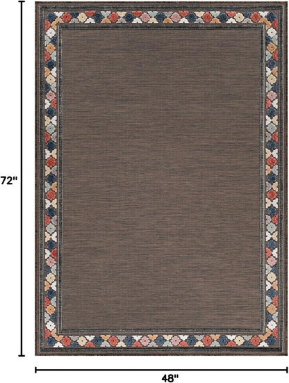 Beverly Rug Outdoor Rug 4x6 Modern Bordered Area Rugs for Indoor and Outdoor Patio Easy to Clean Non Shedding Living Room Porch Garden Washable Outside Carpet (4 x 6 Brown)