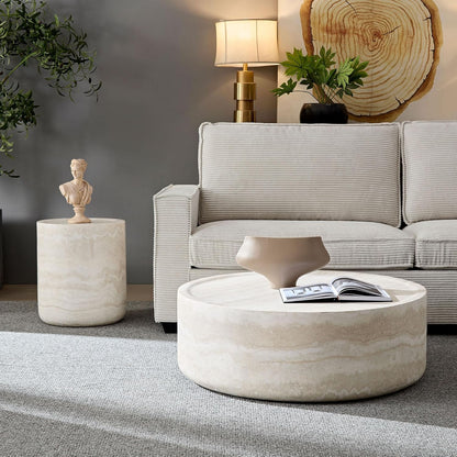 Coffee Table and Side Table Set, Round Faux Marble Coffee Table Set of 2 for Living Room, Luxury Circle End Table Modern Drum Center Tables for Apartment Office