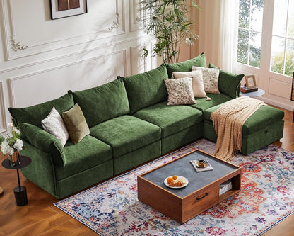 134.6" Luxury Modular Sectional Convertible Sofa with Storage Ottoman, L-Shape 5-Seat Oversized Comfy Couch Deep Seat with Reversible Chaise - Chenille Green