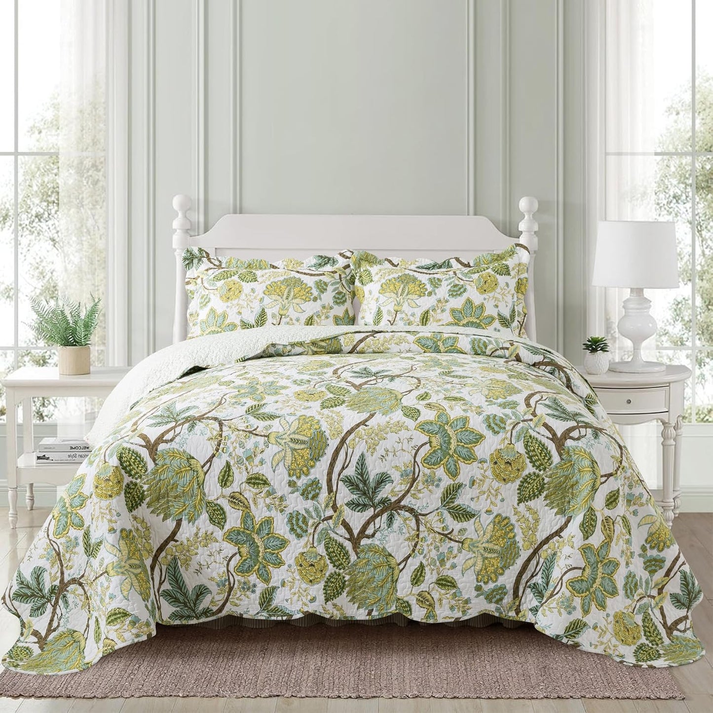 NEWLAKE Cotton Bedspread Quilt Sets - Reversible Patchwork Coverlet Set, Floral Vine Pattern, Queen Size