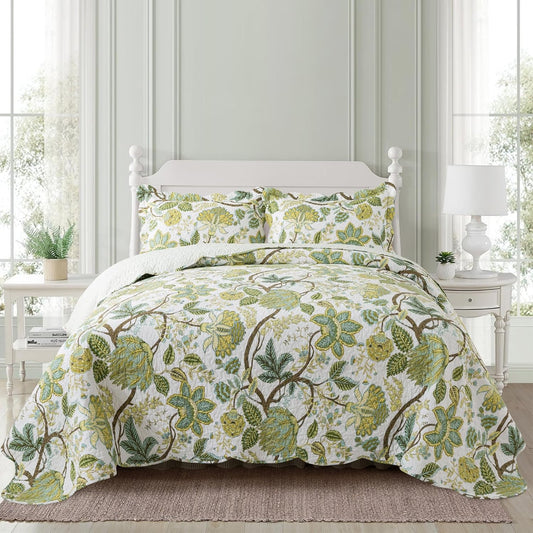 NEWLAKE Cotton Bedspread Quilt Sets - Reversible Patchwork Coverlet Set, Floral Vine Pattern, Queen Size