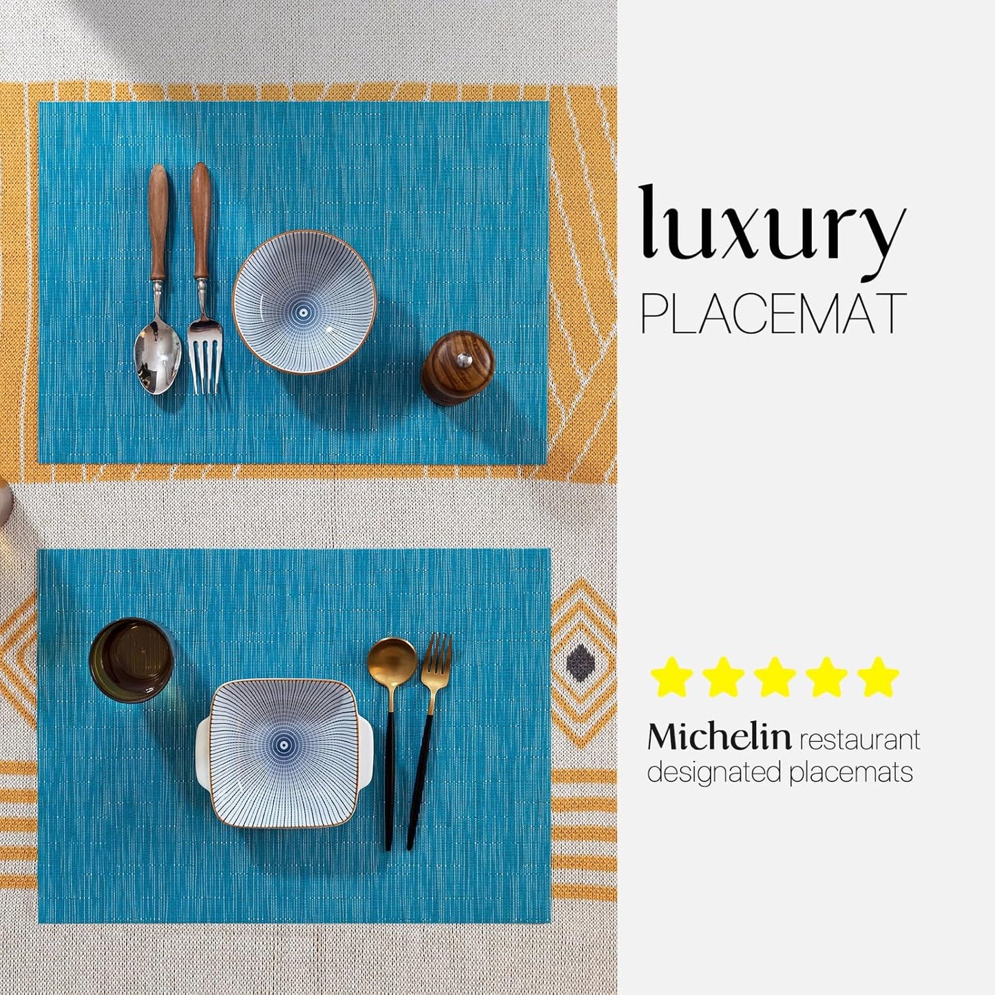 LEXMORE Placemats Set of 12 Vinyl/Plastic Woven Place Mats for Kitchen Table Indoor/Outdoor Washable Placemat Wipeable Dining Table Mats(Teal Blue)