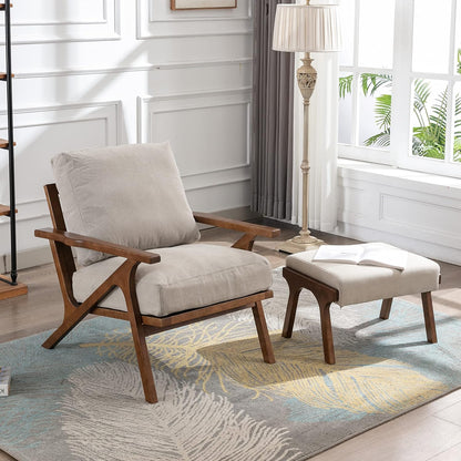 chairus 2 Sets Mid-Century Modern Accent Chairs with Ottoman, Linen Fabric Armchair with Wood Legs Comfy Upholstered Single Sofa Chair for Living Room/Bedroom/Lounge, Beige