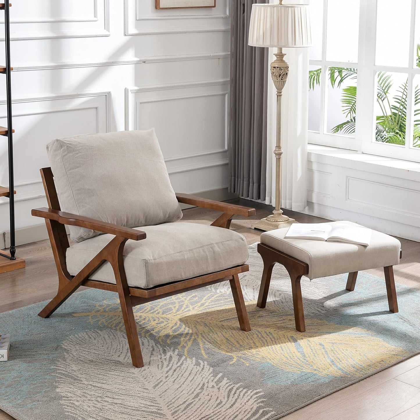 chairus Mid-Century Modern Accent Chair with Ottoman, Linen Fabric Armchair with Wood Legs Comfy Upholstered Single Sofa Chair for Living Room/Bedroom/Lounge, Beige