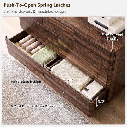 Modern 7 Drawer Dresser for Bedroom, 52" Wide Handleless Chest of Drawers, Push-to-Open Large Wood Storage, Dresser TV Stand for Bedroom, Living Room, Hallway, Curved Profile, Brown