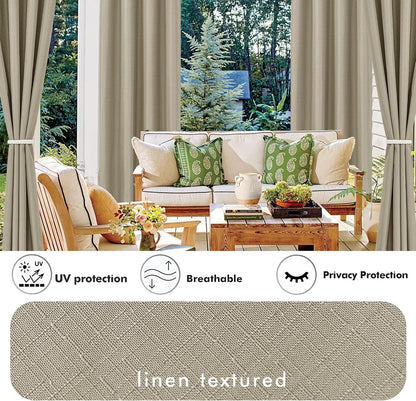 HolidayIdeas Linen Outdoor Curtains for Patio 4 Panels Waterproof Taupe Outside Curtains 110"x108"-Indoor/Outdoor Gazebo Wide Curtains Weatherproof, Privacy for Pergola, Porch, Cabana, Pool