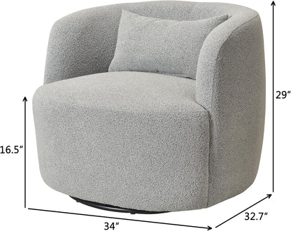 KINWELL 34" Wide Sherpa Swivel Barrel Chairs Set of 2, No Assembly Round Boucle Upholstered Accent Chairs Armchairs Single Sofa Chair with Toss Pillow for Living Room and Bedroom, Gray