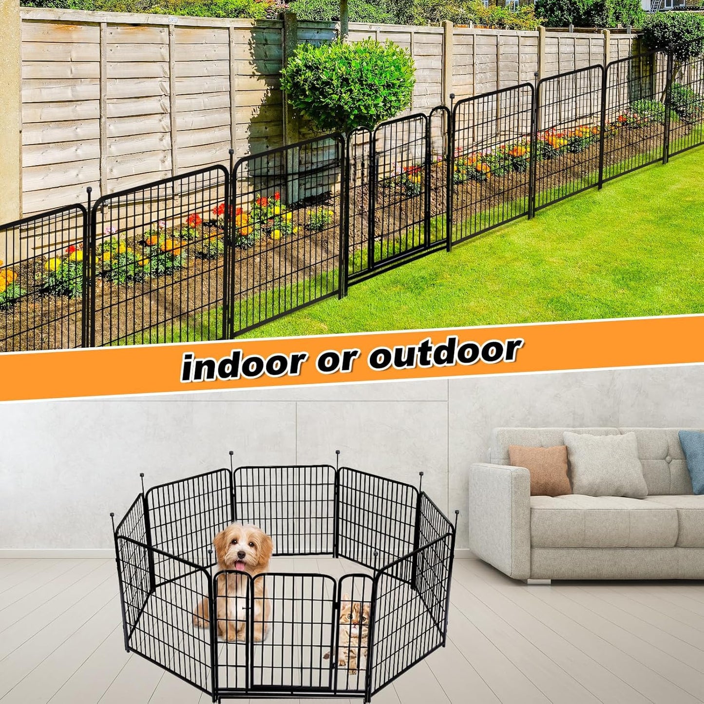 Garden Fence with Gate 36 in(H)×27 in(L) 4 Panels, Heavy Duty Iron Animal Barrier Fence, Rabbit Fence for Garden, Suitable for Indoor Pet Or Outdoor Dog Fencing, Total 8.9 Ft(L), Black