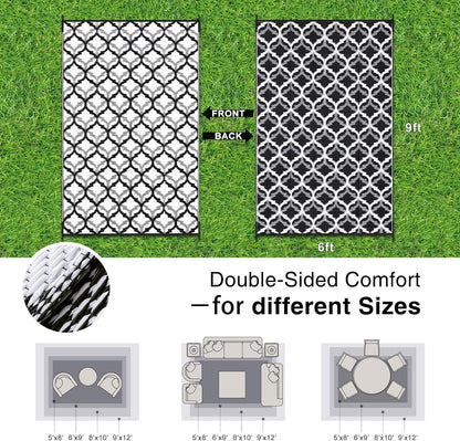 OLANLY Reversible Outdoor Rug 6x9 ft Clearance, Waterproof Outdoor Plastic Straw Rug with Interlacing Pattern, RV Mat for Patio, Camping, Balcony, Deck, Backyard, Black & White