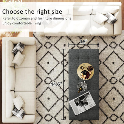 Large Rectangular Upholstered Ottoman Bench, Linen Tufted Footrest Ottoman with Solid Wood Shelf Storage Coffee Table for Bedroom Living Room, Dark Gary