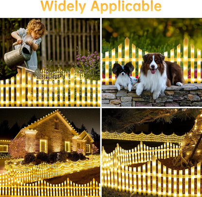 Hopolon 8 Pack 36LED Lighted Garden Fence,13.7x11.8inch Christmas Tree Fence Lights Plug in,8 Modes White Plastic Edgings Picket Decorative Fence for Landscape Patio Yard Path Home Xmas,Warm White