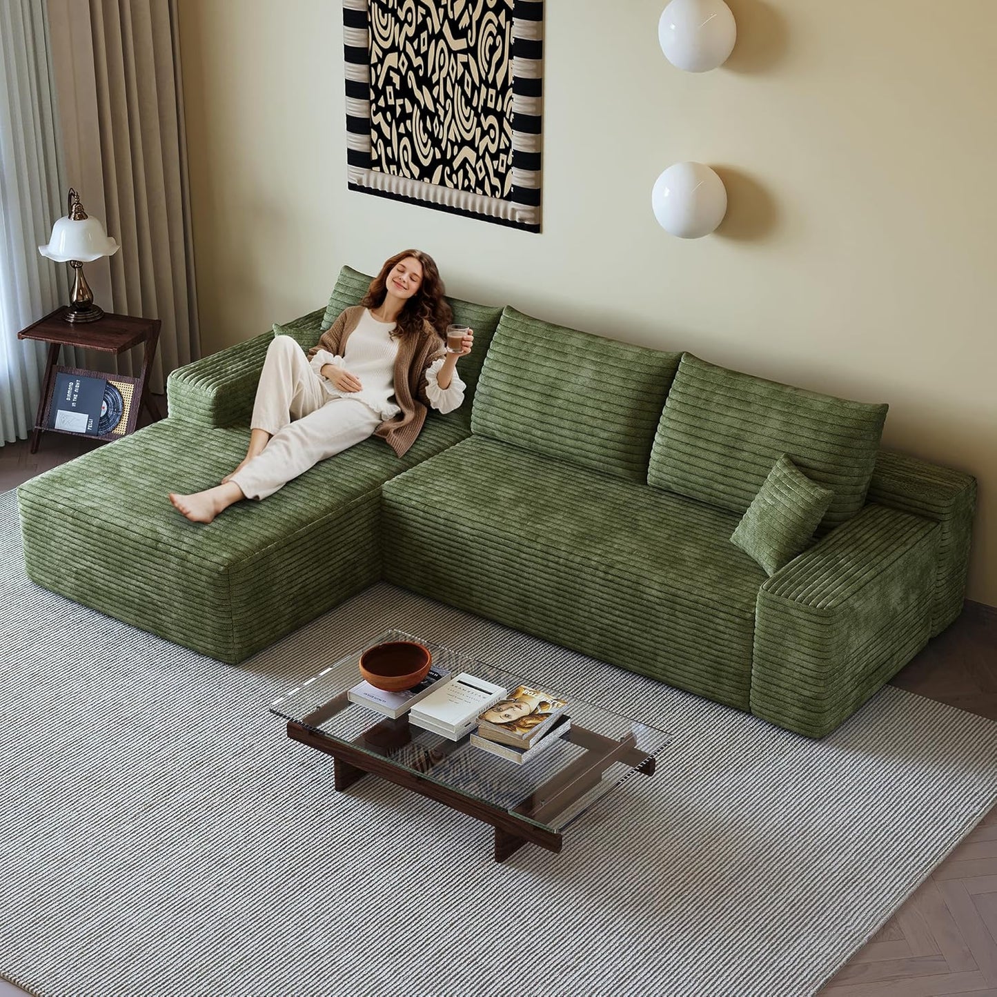 108" Sectional Couches for Living Room Modern Modular Sofa with L-Shape Couchs Upholstered Boneless Couch Deep Seat Sectional Couch with Chaise (Green, Left Facing Chaise+2Seaters)