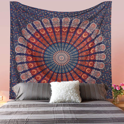 Bless International Handmade Indian hippie Bohemian Psychedelic Peacock Mandala Wall hanging College Dorm Beach Throws Table Cloth Bedding Tapestry (Golden Blue White, Poster(30x40Inches)(76x101cms))
