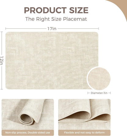 Vinyl Placemats Set of 6, Faux Leather Waterproof and Heat Resistant Place Mats, Washable Anti-Slip Table Mats with Coaster, Wipeable Placemats for Indoor & Outdoor 17" x 12" (Beige, Set of 6)