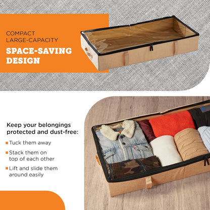 storageLAB Under Bed Storage Containers, Closet Organizers with Sturdy Handles for Clothes, Comforters, and Accessories, Use Under or at the End of the Bed - 2 Pack, Reinforced, Beige