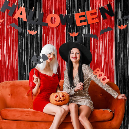 8 Pack Halloween Party Supplies, 3.28 FT x 7.05 FT Red and Black Foil Streamer, Metallic Fringe Curtains Tinsel Backdrop Party Streamer, Hanging Halloween Decorations Casino Party Decor