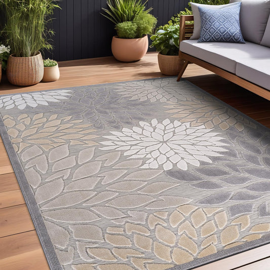 Beverly Rug Outdoor Rug 9x12 Large Modern Floral Tropical Area Rugs for Indoor and Outdoor Patio Easy to Clean Non Shedding Living Room Porch Garden Washable Outside Carpet (9 x 12 Gray)