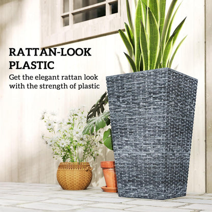 Outsunny Tall Planters for Outdoor Plants Set of 3, 24 in Taper Planters with Drainage Holes, Rattan Decor Plant Pots for Indoor Outdoor Front Porch Patio Backyard, Gray