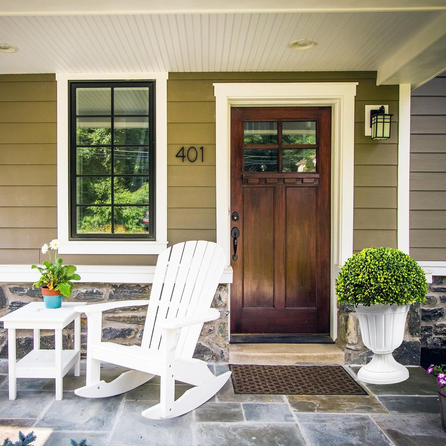 Sunnyglade 2 PCS 23”Artificial Plastic Boxwood Ball Tree，Faux Potted Decorative Topiary Plant，UV Resistant Fake Plant in Pot for Home Gate Indoor Outdoor Patio Office Decor