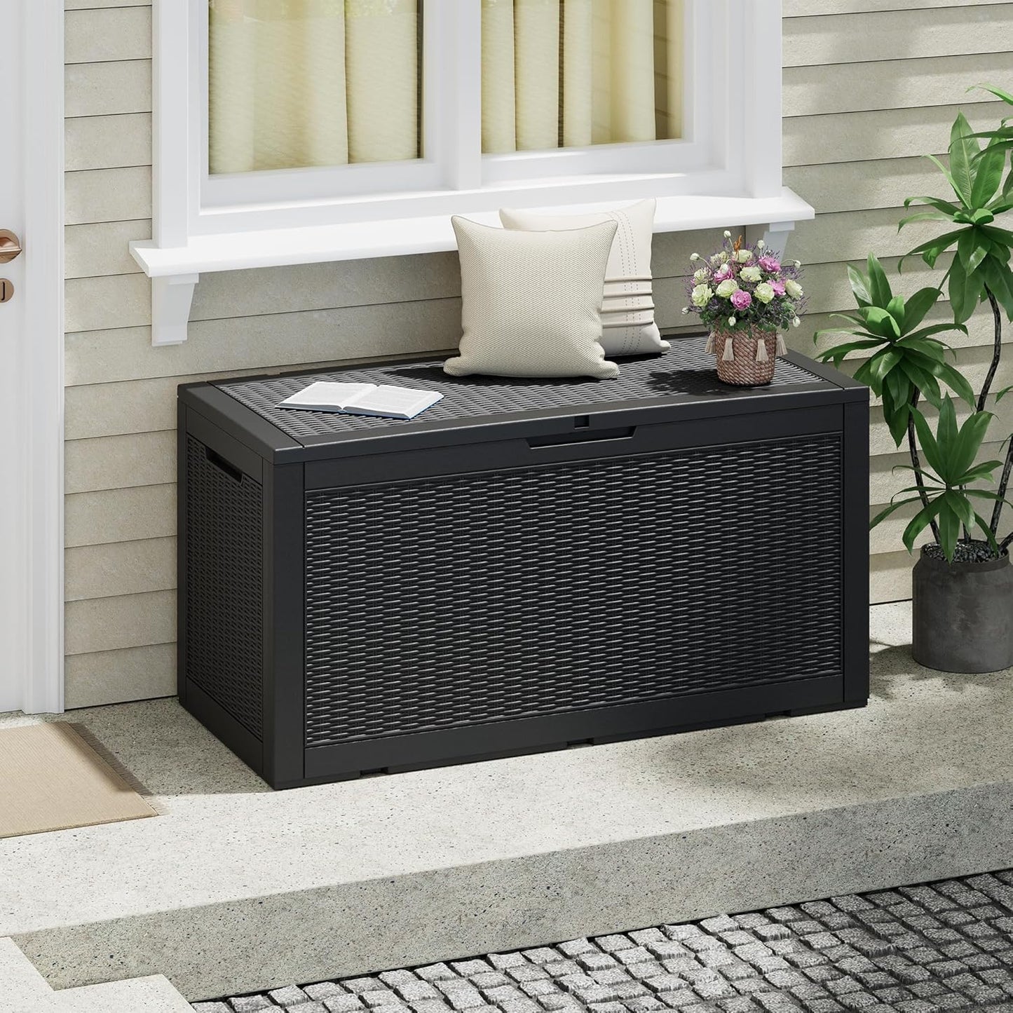 NUNU LAB 102 Gallon Large Waterproof Resin Deck Box, Lockable Outdoor Storage Box with Gas Lift, Patio Cushions, Garden Tools, Pool Supplies, Indoor Outdoor Storage Container, Black