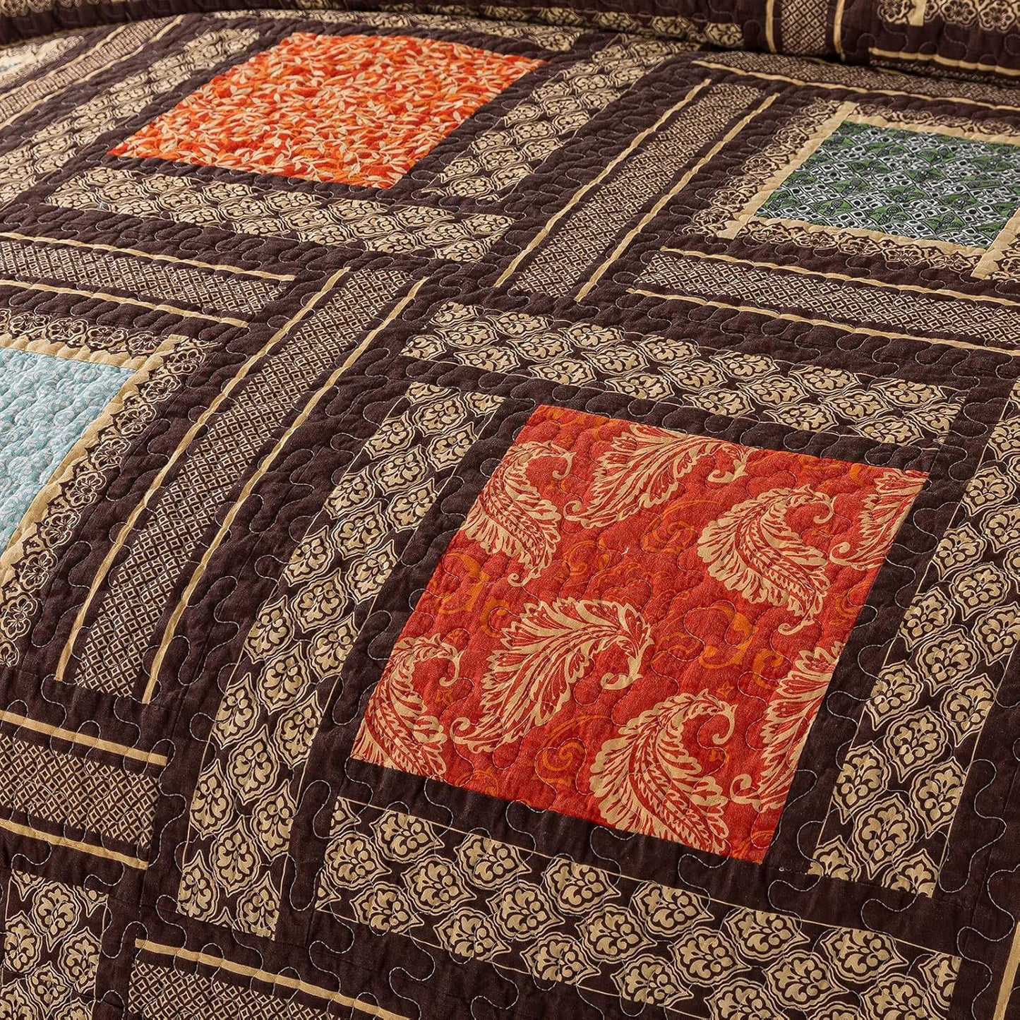 NEWLAKE Cotton Patchwork Bedspread, 3-Piece Bedding Quilt Set with Real Stitched Embroidery, Reversible Matelasse Bed Coverlet Set,Bohemian Farmhouse,Queen Size