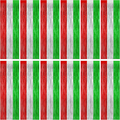 12 Pack Christmas Party Backdrop, 3.28 FT x 7.05 FT Red Silver Green Foil Streamer, Metallic Fringe Curtains Tinsel Streamer, Hanging Christmas Decorations Picture Props Door Decor