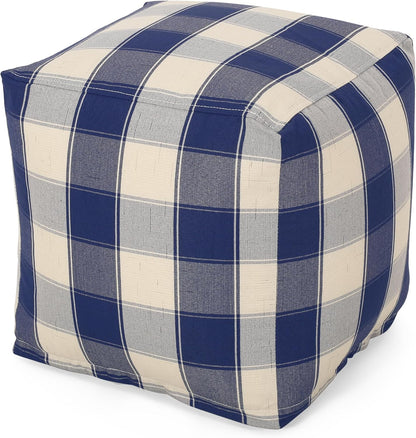 GDFStudio Modern Fabric Checkered Cube Pouf Ottoman Foot Stool - Bean Bag Floor Chair - Foot Rest Couch for Living Room Bedroom,Ivory and Navy Blue,16"" x 16"" x 16"", 313655N