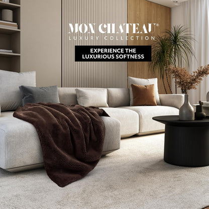 Mon Chateau Luxury Ultimate Plush Faux Fur Throw with 6cm Foldover for Couch, Sofa, or Bed - Plush Ultra Soft Blanket for Sleeping or Home Décor, 60" x 70" (Foldover Brown)