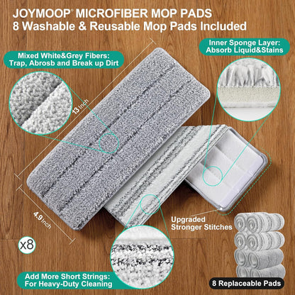 JOYMOOP Mop and Bucket Set with Wringer, Dust Mops for Floor Cleaning, Wall Cleaner with Long Handle,Wet and Dry Use - 8 Microfiber Mop Pads