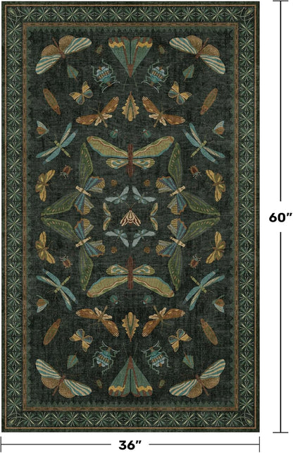 Green and Black Entryway Rug - 3x5 Throw Rug for Large Kitchen, Entry Way, Mudroom, Dark Unique Insect Print, Washable Low Pile Floor Carpet