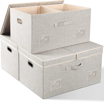 75 Quarts Extra Large Decorative Storage Bins with Lids, 3 Packs Beige Collapsible Storage Bins with Lids, Stackable Storage Bins Decorative Box Storage With Lid Extra Large