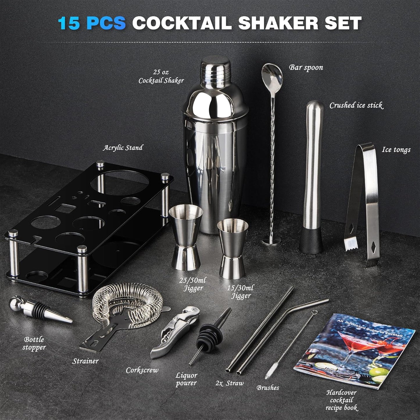 Cocktail Shaker Set Bartender Kit : 15-Piece Stainless Steel Bartender Kit with Acrylic Stand Bars Set with All Practical Bars Accessories, Bar Tools for Drink Mixing, Bar, Home, Lounge & Party
