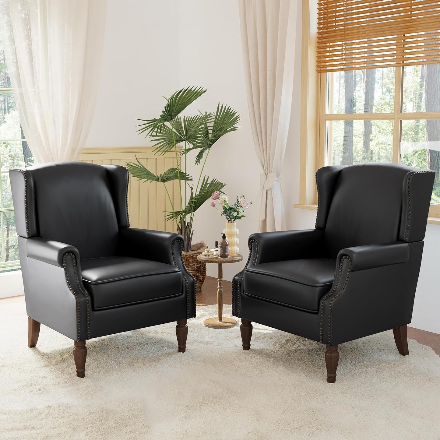 Accent Chairs, Faux Leather High Back Armchair Set of 2 or Living Room, Comfy Upholstered Single Sofa Reading Chairs with Solid Wood Legs for Office, Bedroom, Waiting Room-Black