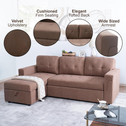 Naomi Home Transform Any Space: Sleeper Sectional Sofa with Convertible Sofa Bed & Inviting Chaise. Find Tranquil Comfort with Stress-Relieving Design & Durable Cushions - Mocha/Velvet