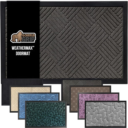 GORILLA GRIP 100% Waterproof All-Season WeatherMax Doormat US Designed Natural Rubber, Stain and Fade Resistant, Low Profile Indoor Outdoor Door Mats, Easy Clean Patio Mat, 17x29, Gray Diamond