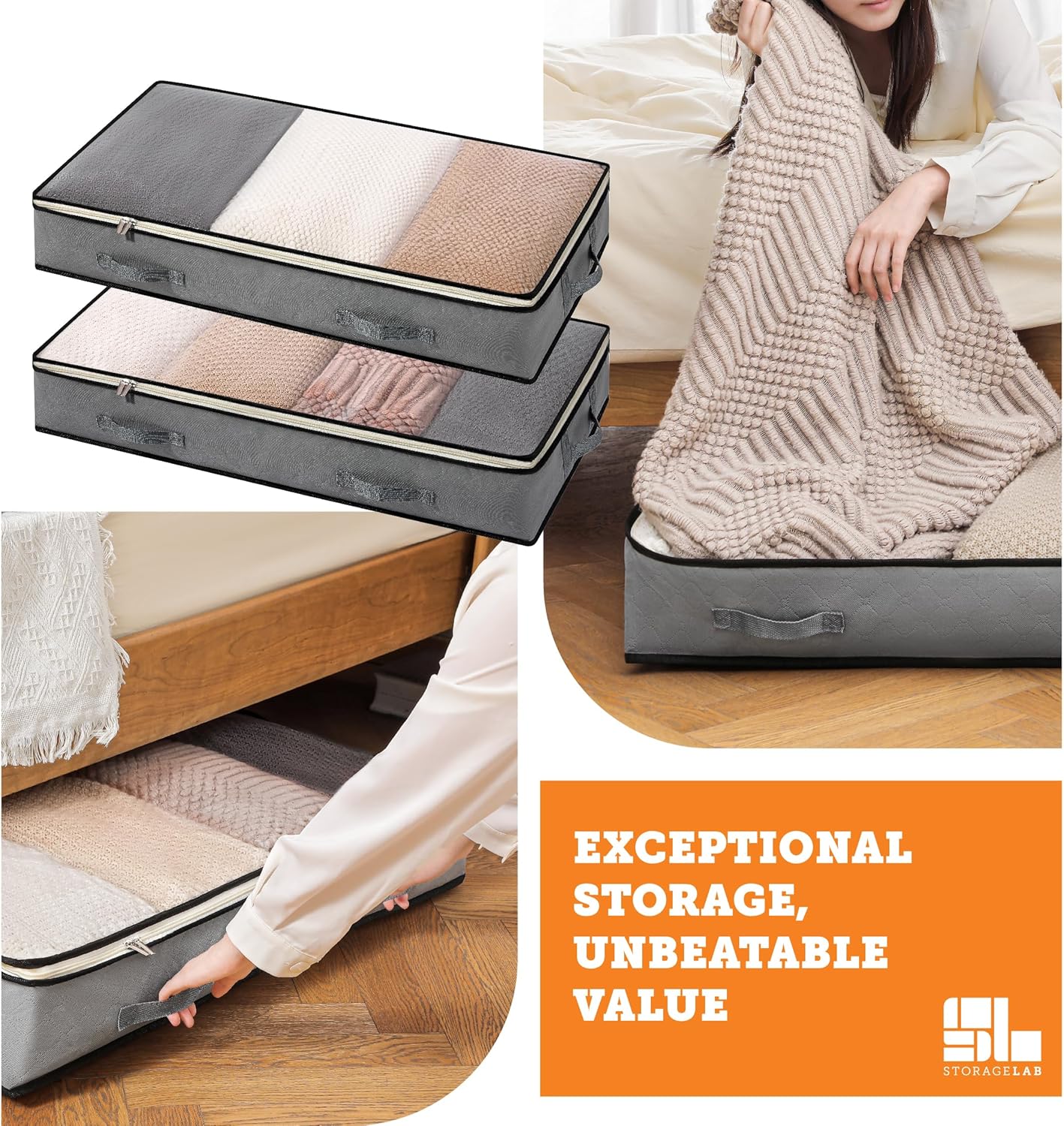 storageLAB Under Bed Storage Containers - Foldable Closet Organizer with Clear Top, Sturdy Handles - 7L Capacity Storage Box for Clothing, Comforter, Blanket, and Shoe - 2 Pack, Soft-Sided, Gray