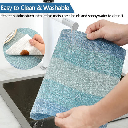 Placemats Set of 6 - Easy Clean Washable Vinyl Placemats - Wipeable Heat Resistant Table Mats for Dining Table - 17.7x11.8 Inch (6, Blue Gradient)