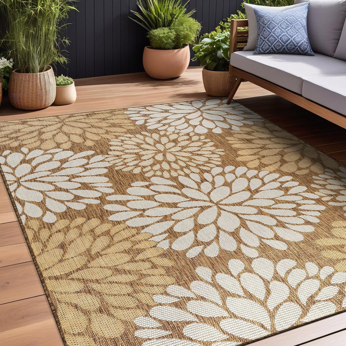 Beverly Rug Outdoor Rug 5x7 Modern Exotic Tropical Leaf Area Rugs for Indoor and Outdoor Patio Deck Porch Garden Water Resistant Washable Outside Carpet (5 x 7 Wooden)