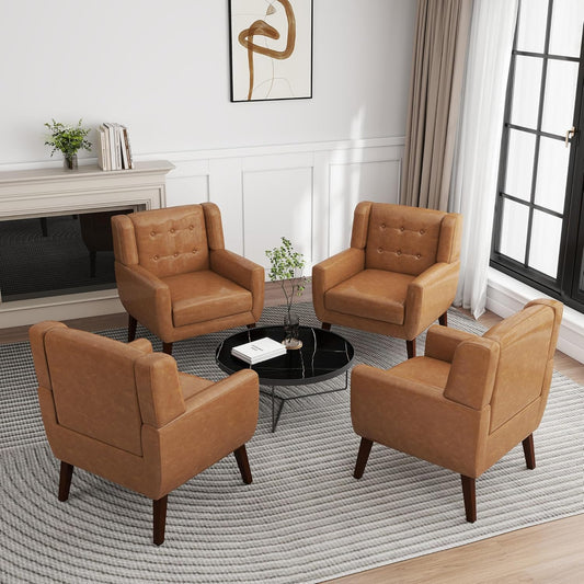 UIXE Faux Leather Accent Chairs Set of 4, Modern Arm Club Chair Upholstered Armchair for Living