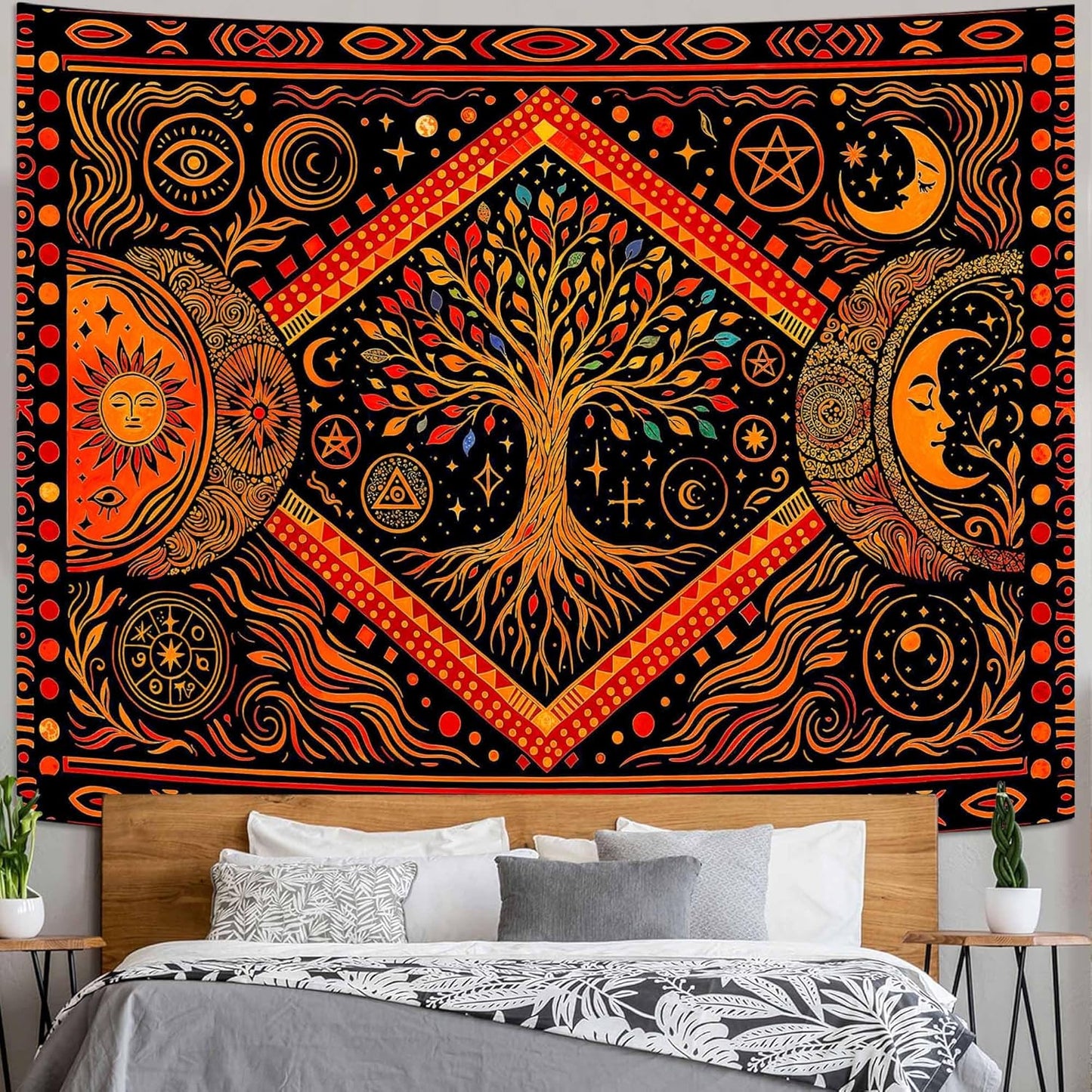 Lunerfex Tree of Life Sun Moon Stars Wall Tapestry, Cosmic Harmony Symbol Tapestries for Home Decor, Mystical Tapestry 90x70 Inch