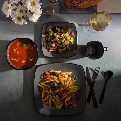 Gibson Elite Soho Lounge Square Reactive Glaze Stoneware Dinnerware Set, Service for 4 (16pc), Eclipse