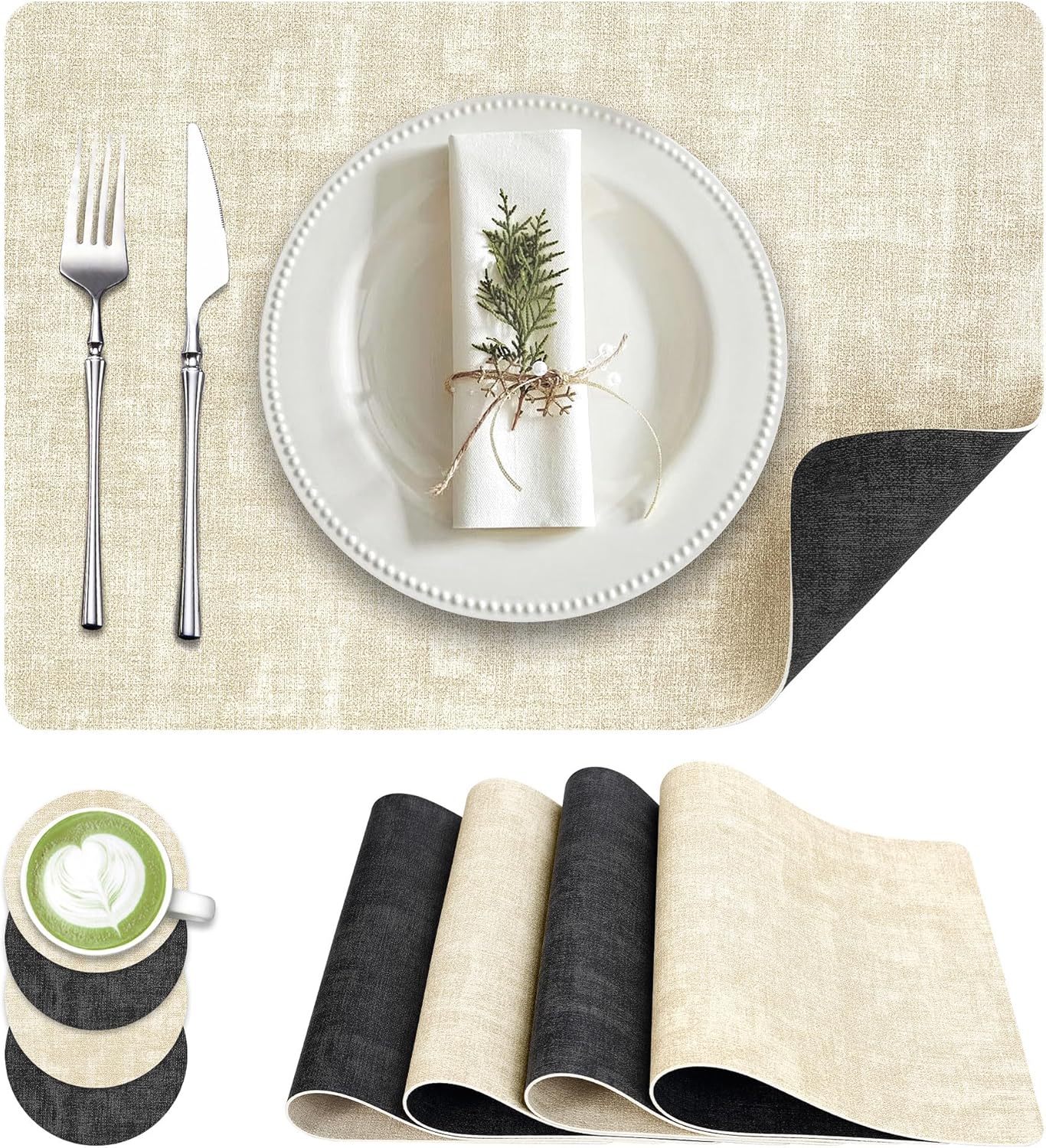 Faux Leather Dual Sided Placemats Set of 4, Square Non-Slip Heat Resistant Placemats with Coaster, Reversible wipeable Waterproof Table Mats for Kitchen, Dining, Outdoor (4, Black Beige)