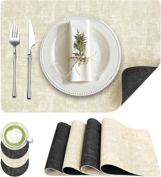 Faux Leather Dual Sided Placemats Set of 4, Square Non-Slip Heat Resistant Placemats with Coaster, Reversible wipeable Waterproof Table Mats for Kitchen, Dining, Outdoor (4, Black Beige)