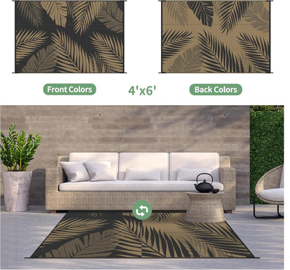 GENIMO Outdoor Rug 4' x 6' Waterproof for Patios Clearance, Reversible Outdoor Plastic Straw Camping Rug Carpet, Large Area Rugs Mats for RV, Camper, Deck, Balcony, Porch, Beach, Picnic, Black&Brown