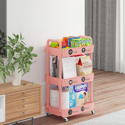 Laiensia 3-Tier Rolling Cart with Wheels,Multifunction Utility Storage carts, Kitchen Storage Organizer,Mobile Shelving Unit for Bathroom,Laundry,with Classified Stickers,Pink
