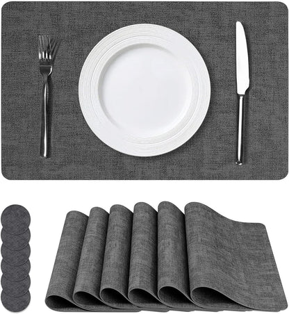 Vinyl Placemats Set of 6, Faux Leather Waterproof and Heat Resistant Place Mats, Washable Anti-Slip Table Mats with Coaster, Wipeable Placemats for Indoor & Outdoor 17" x 12" (Black, Set of 6)