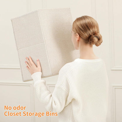 Linen Folding Storage Bins, 3 Pack Large Storage Baskets, Washable, Clothing Storage Bins with Handle, Closet Organizer for Storage Sweater,Sheets(Beige, 18½"x11" x8½")